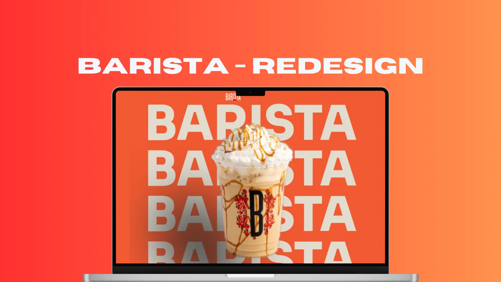 Barista redesign home page on a laptop: the Barista wordmark repeated behind an iced coffee drink