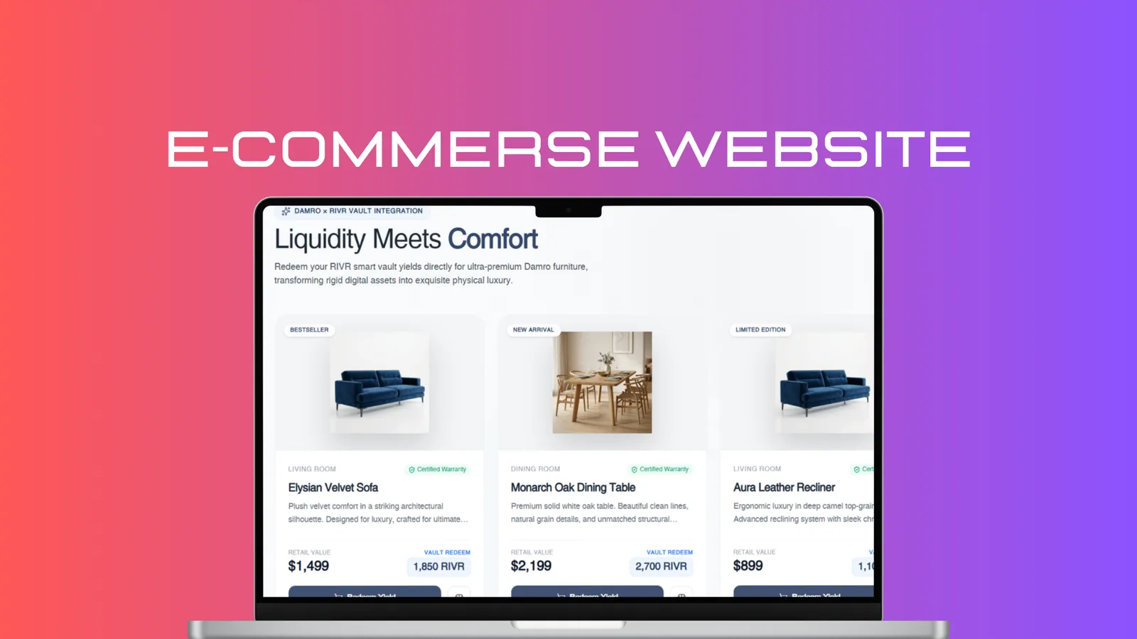 Damro furniture store page on a laptop listing a velvet sofa, an oak dining table and a leather recliner with prices