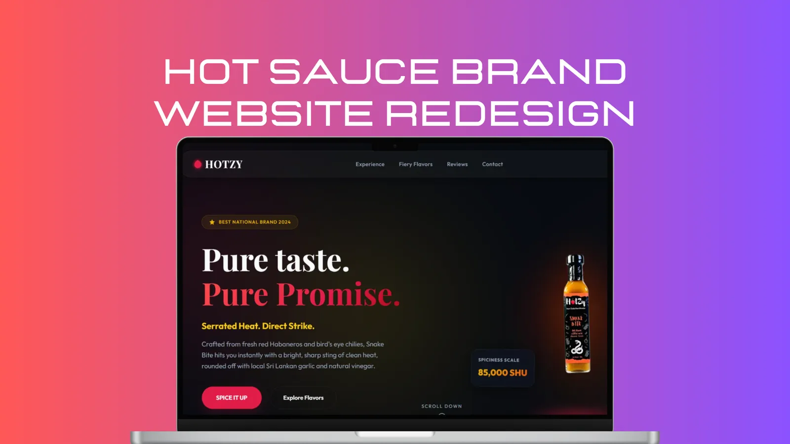 Hotzy hot sauce website on a laptop with the headline “Pure taste. Pure Promise.” beside a Snake Bite sauce bottle