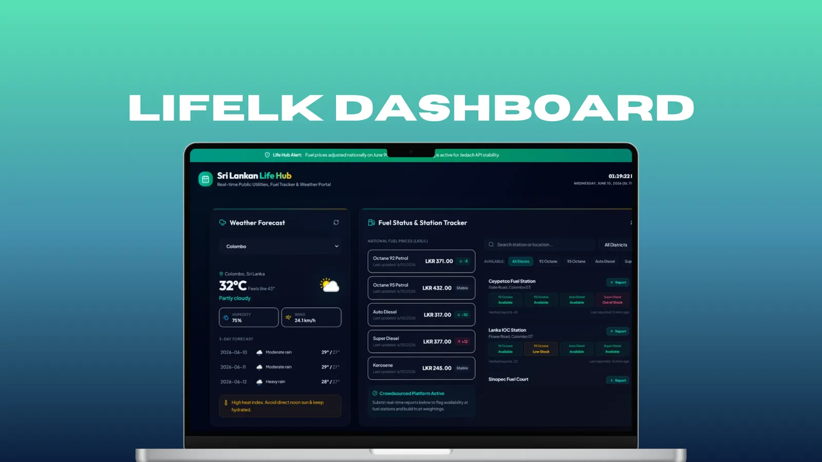 LifeLk dashboard on a laptop showing a weather forecast panel and a fuel status and station tracker