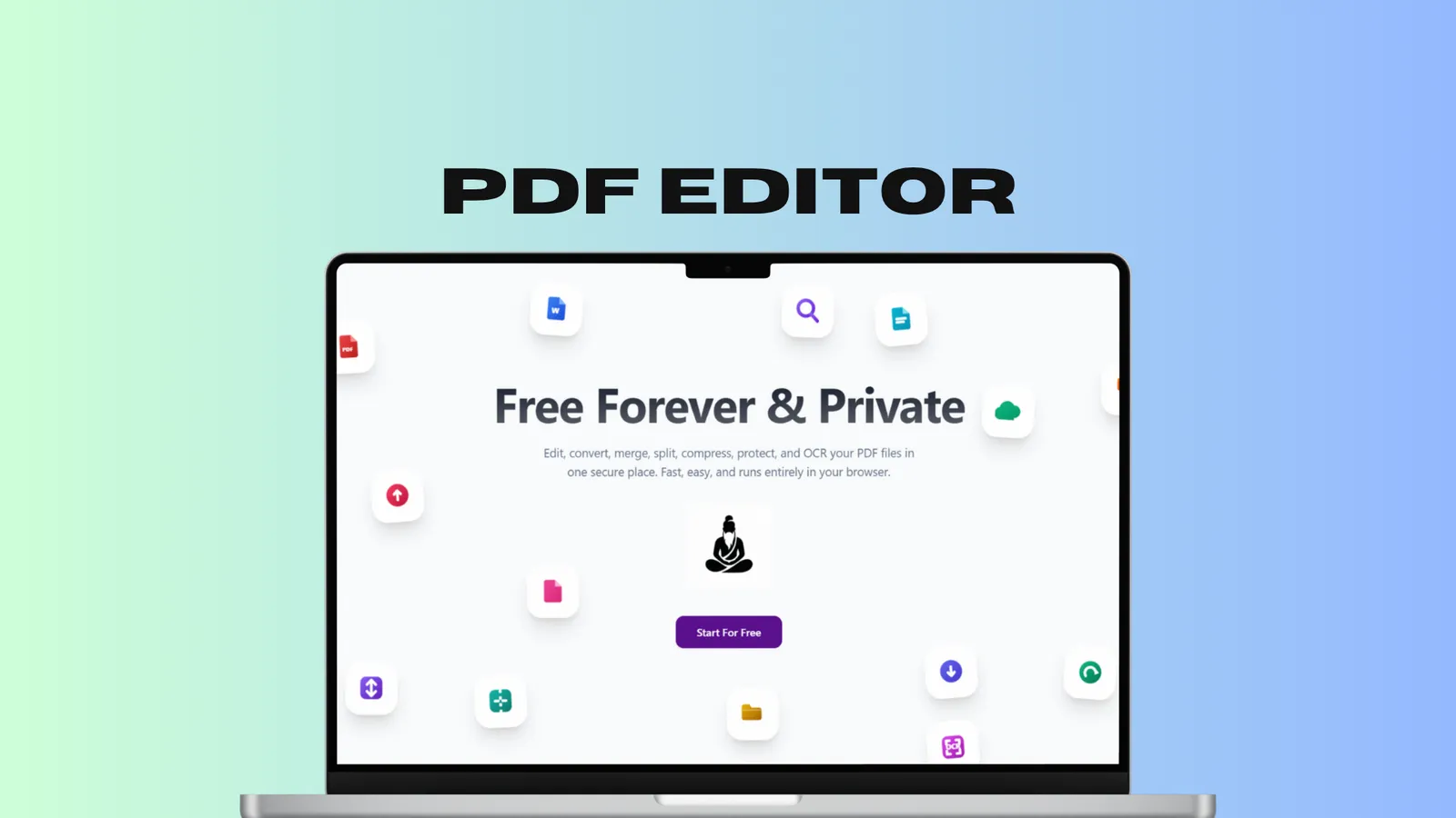 PDF-Swami landing page on a laptop with the headline “Free Forever & Private” and a Start For Free button