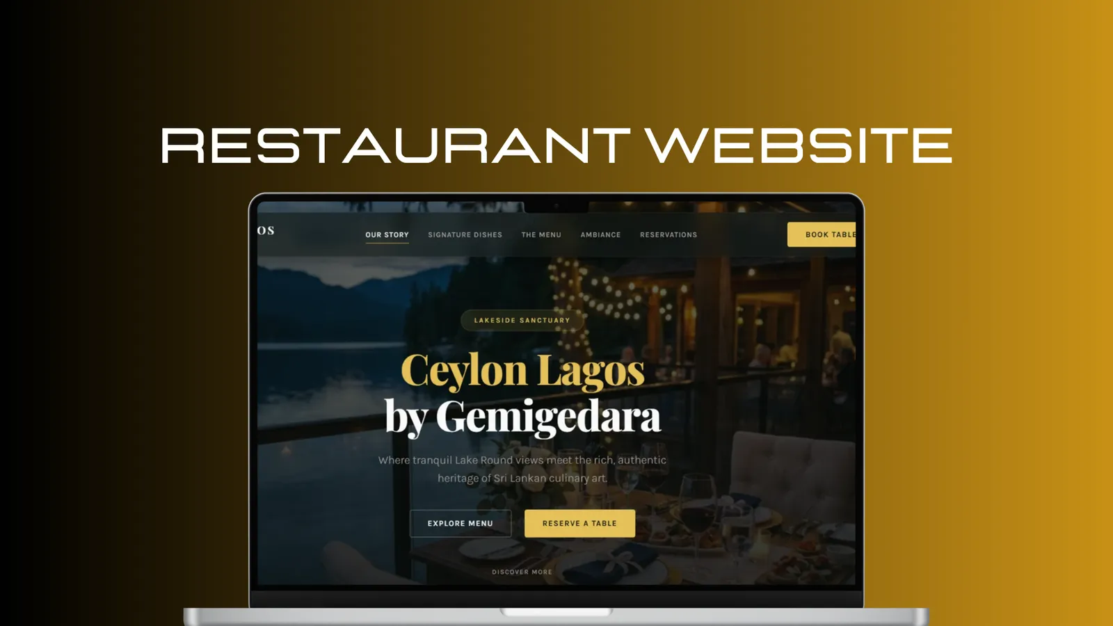 Ceylon Lagos by Gemigedara restaurant website on a laptop, with a lakeside dining photo and a Reserve a Table button