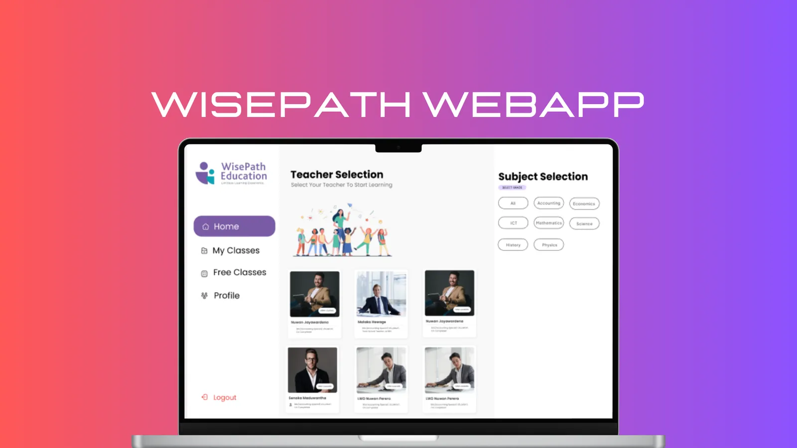 Wisepath Education web app on a laptop showing teacher selection cards and subject filters